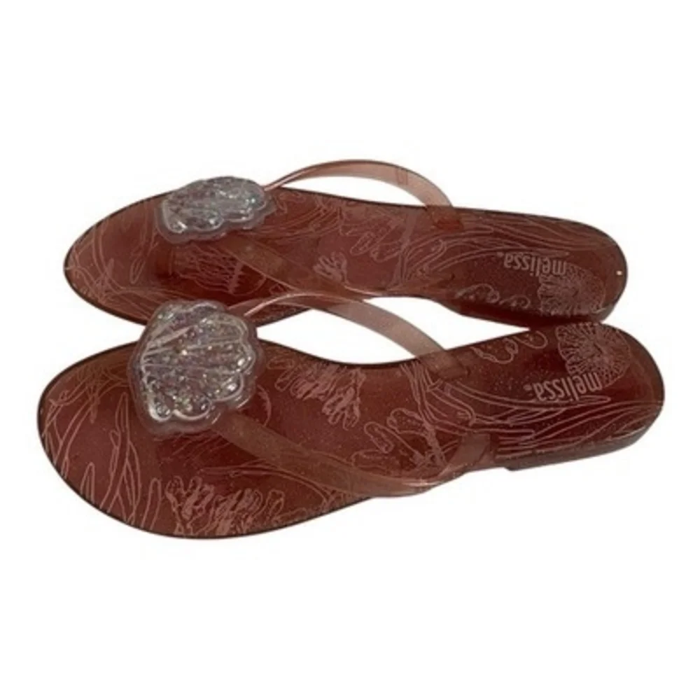 Melissa Jelly Flip Flop Sandals Glitter Seashell Brown Womens Size 6  EXC
